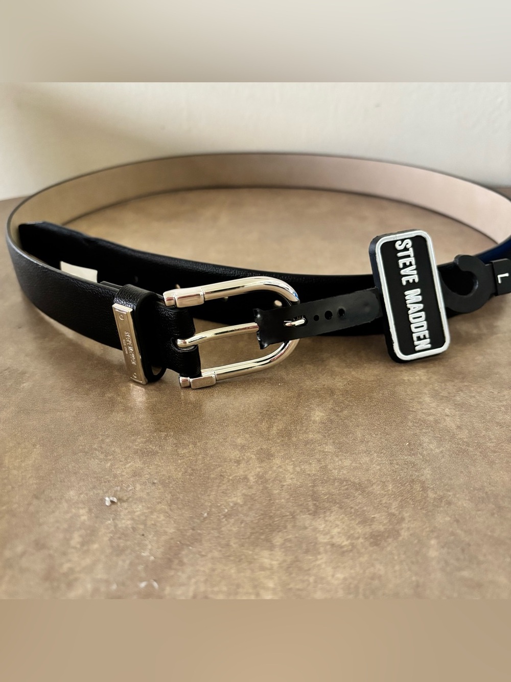 Steve Madden Black Leather Belt with Silver-Tone Double Prong Buckle